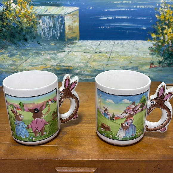 Vintage Set of 2 Easter Themed Bunny Handled Coffee Mugs, Decor - Picture 1 of 4